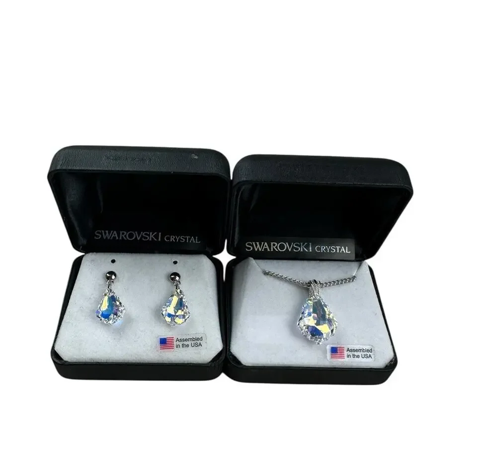 Swarovski Crystal AB Teardrop Necklace & Earrings Set Silver Tone Bridal Formal